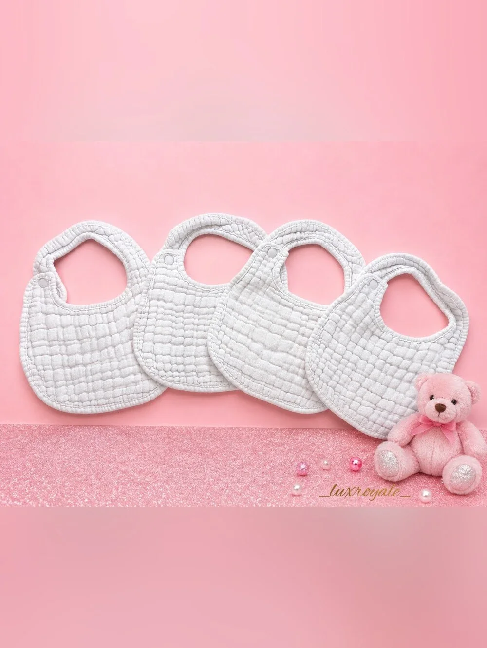 Gray Quilted Baby Bib Set of 4 One Size Muslin Cotton